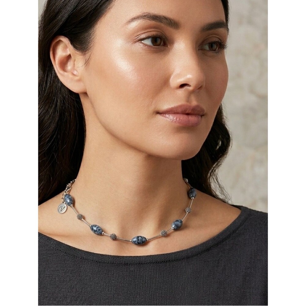 Vida Silver Tone Station Necklace Blue Grey Mottled Beads Textured Accents Boho